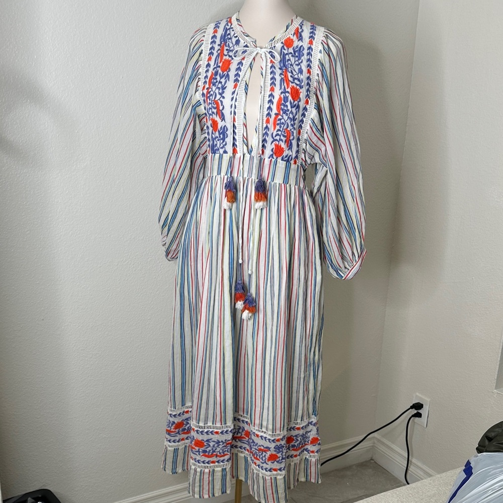 Place Nationale 
Boho Embroidered Stripe Maxi Dress - White with Blue & Orange